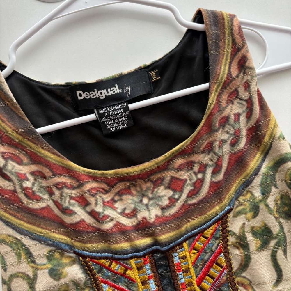 Desigual Womens Boho‎ Embroidered Beaded Sleeveless Dress Gold Metallic Print XS